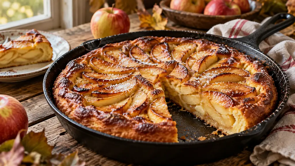 Matefaim aux pommes doré dans une poêle en fonte, une part découpée