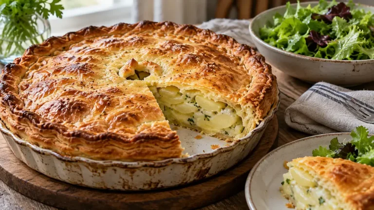 Pâté aux pommes de terre tranché montrant les couches de pommes de terre à la crème