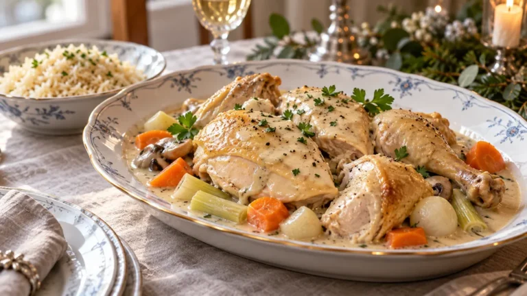 Poularde pochée découpée nappée de sauce suprême avec riz pilaf
