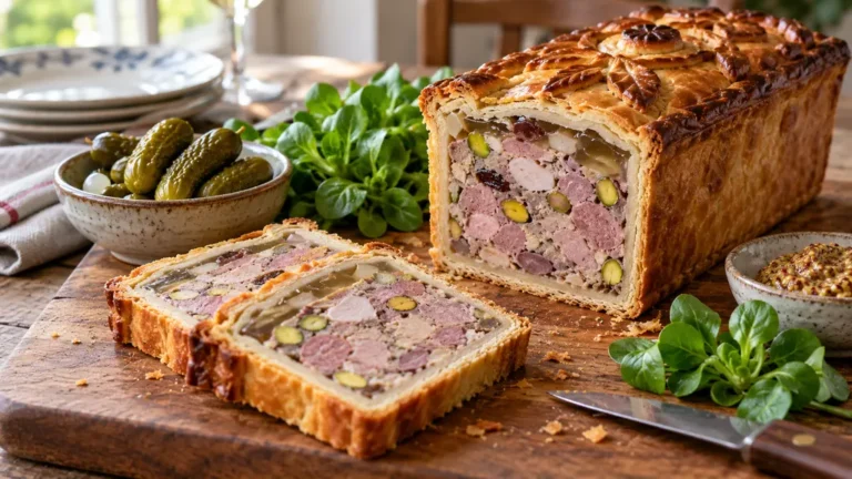 Tranches de pâté en croûte maison avec insert, pistaches et gelée