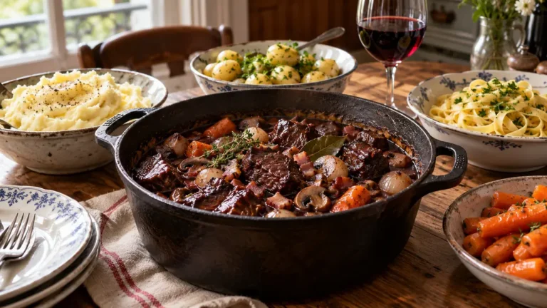 Bœuf bourguignon en cocotte servi avec purée, pommes vapeur et carottes glacées