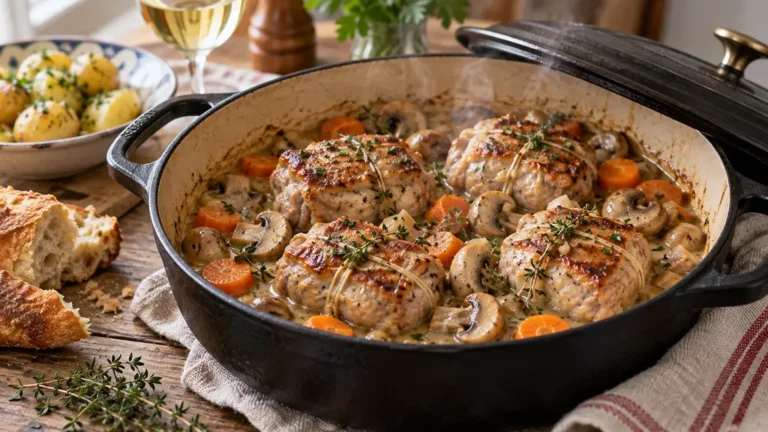Paupiettes de veau ficelées mijotées en cocotte avec champignons et carottes