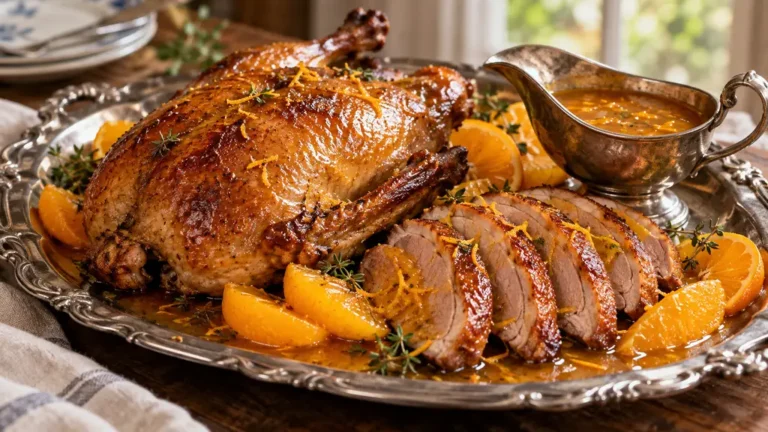 Canard rôti à l'orange découpé avec sauce bigarade et quartiers d'orange