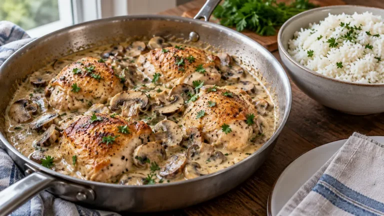 Poulet à la crème et aux champignons dans une sauteuse, persil frais