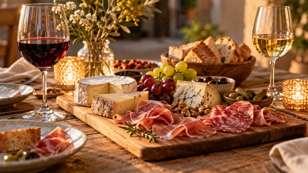 Verres de vin rouge et blanc posés près d'une planche de charcuterie et de fromage