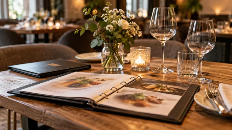 Carte de restaurant posée sur une table avec un classeur d'allergènes à côté