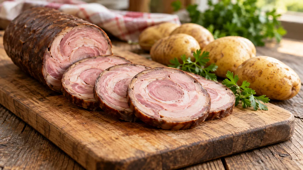 Tranches d'andouille de Charlieu posées sur une planche en bois avec des pommes de terre