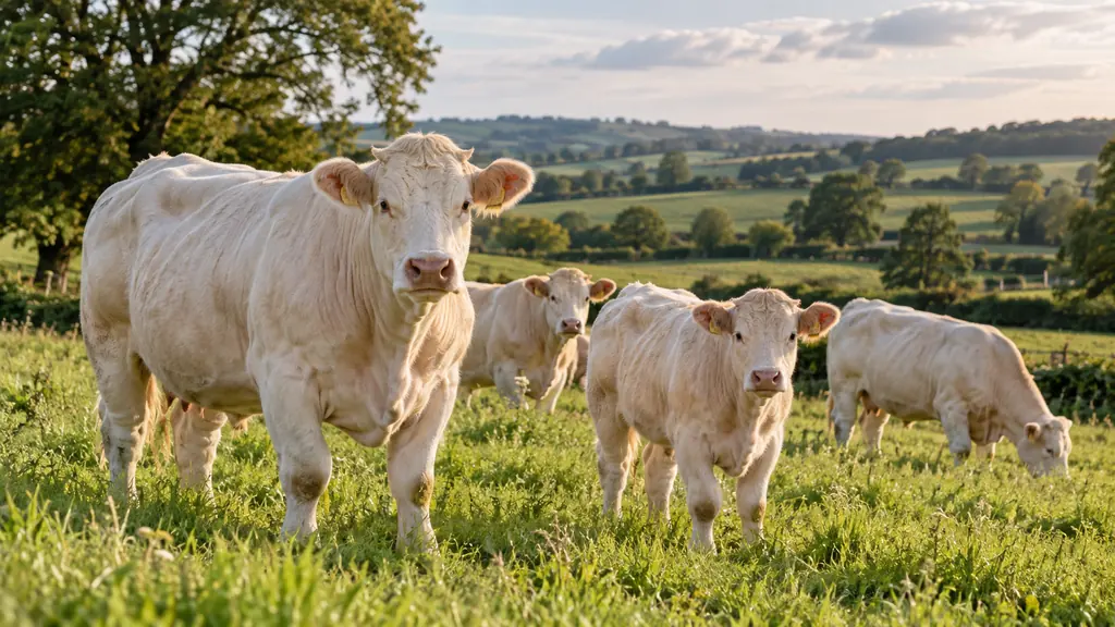 Vaches charolaises blanches dans une prairie verte du Brionnais