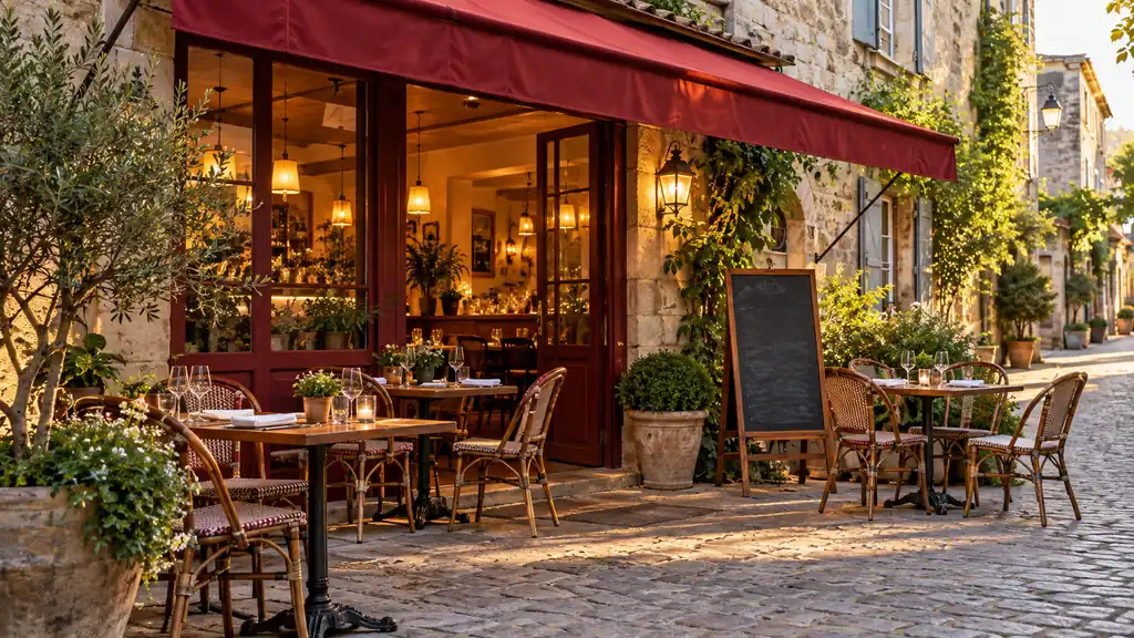 Façade d'un restaurant de petite ville avec ardoise et terrasse en fin de matinée