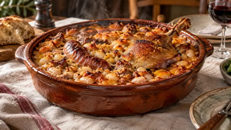 Cassoulet maison dans une cassole en terre avec une croûte dorée et un morceau de confit de canard