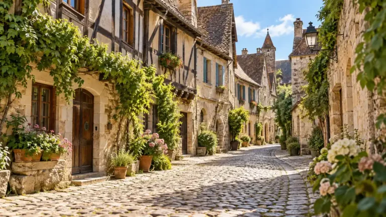 Rue ancienne de Charlieu bordée de maisons à pans de bois près de l'abbaye