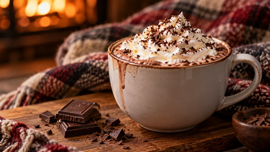 Tasse de chocolat chaud fumant avec de la chantilly et des morceaux de chocolat noir