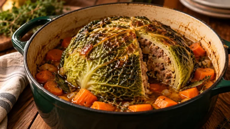 Chou farci doré dans une cocotte avec des carottes et du bouillon