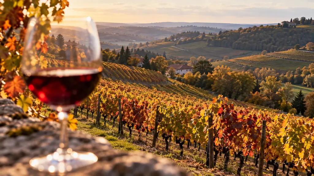 Coteaux de vigne de la Côte roannaise à l'automne avec un verre de vin rouge au premier plan