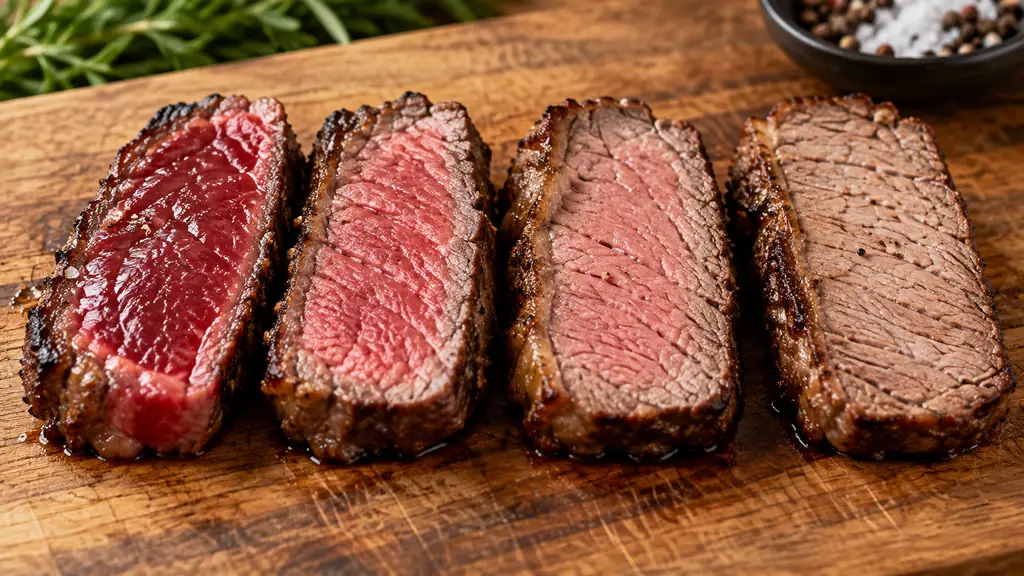 Quatre tranches de bœuf montrant des cuissons différentes de bleu à bien cuit