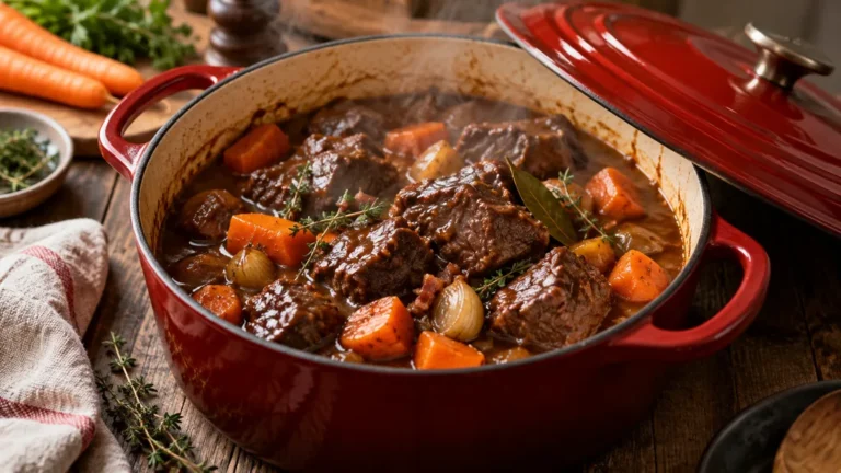 Cocotte en fonte remplie de daube de bœuf avec carottes et sauce brillante