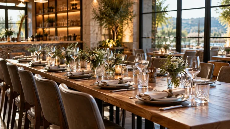 Grande table de restaurant dressée pour un repas de groupe avec verres et assiettes alignés
