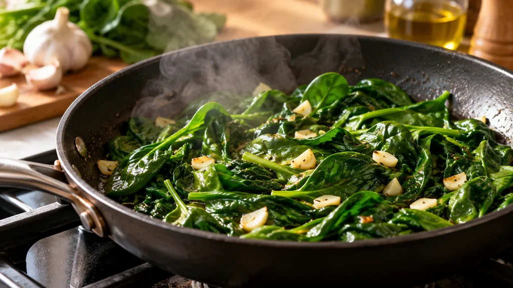 Épinards frais qui fondent dans une poêle avec de l'ail et un filet d'huile d'olive