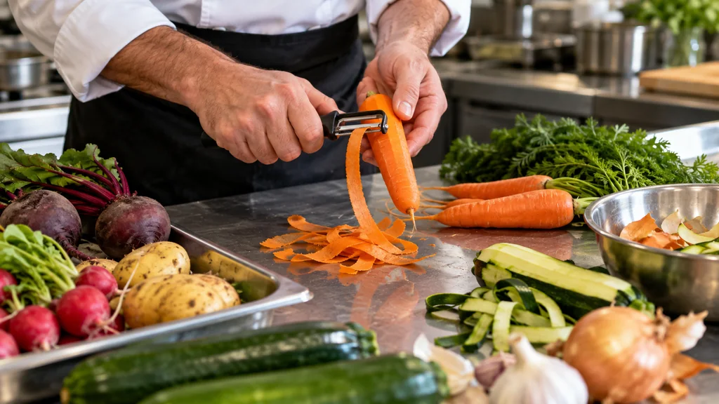 Cuisinier qui prépare un plat à partir de légumes bruts dans une cuisine de restaurant
