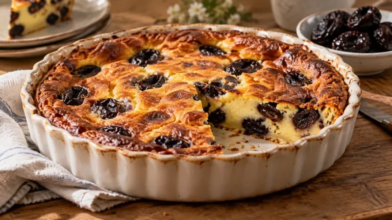 Far breton aux pruneaux doré dans un plat avec une part découpée