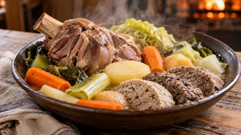 Plat de kig ha farz avec viande, légumes et farz tranché servi dans une grande assiette