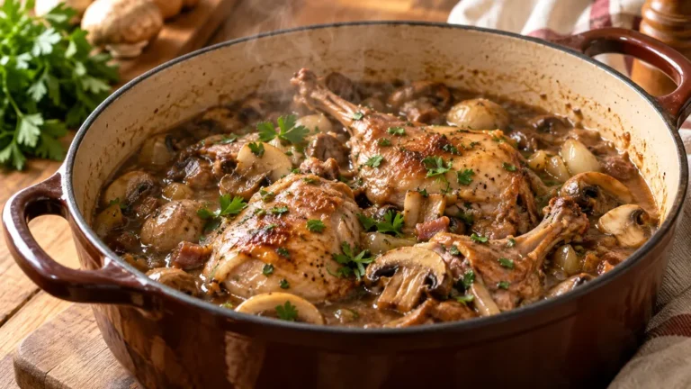 Morceaux de lapin chasseur dans une cocotte avec des champignons et une sauce brune