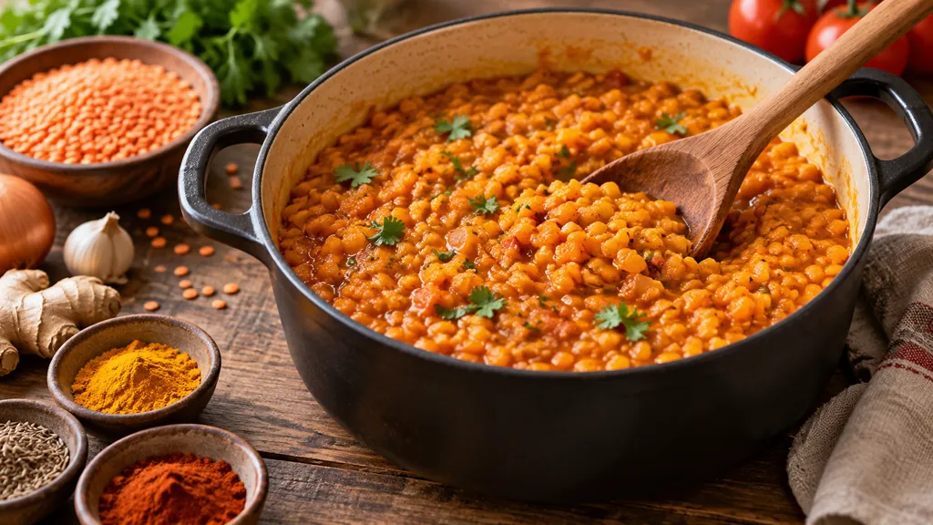 Lentilles corail cuites dans une casserole avec une cuillère en bois et des épices