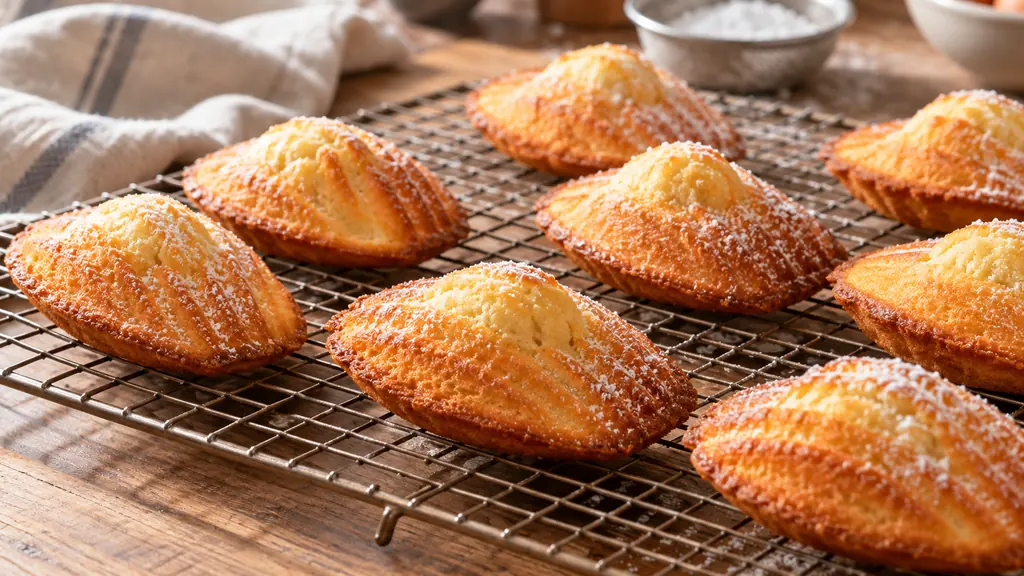 Madeleines dorées avec leur bosse posées sur une grille avec du sucre glace