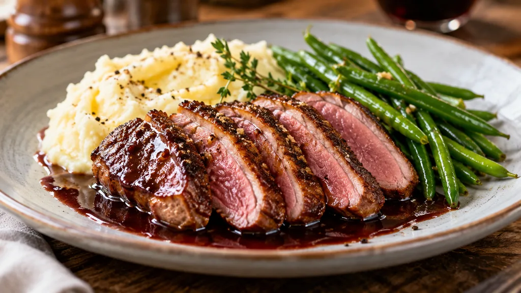 Magret de canard tranché rosé servi avec une purée et des légumes dans une assiette