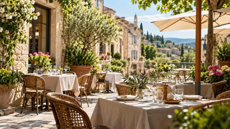 Terrasse de restaurant dans le centre de Charlieu avec tables dressées pour le déjeuner