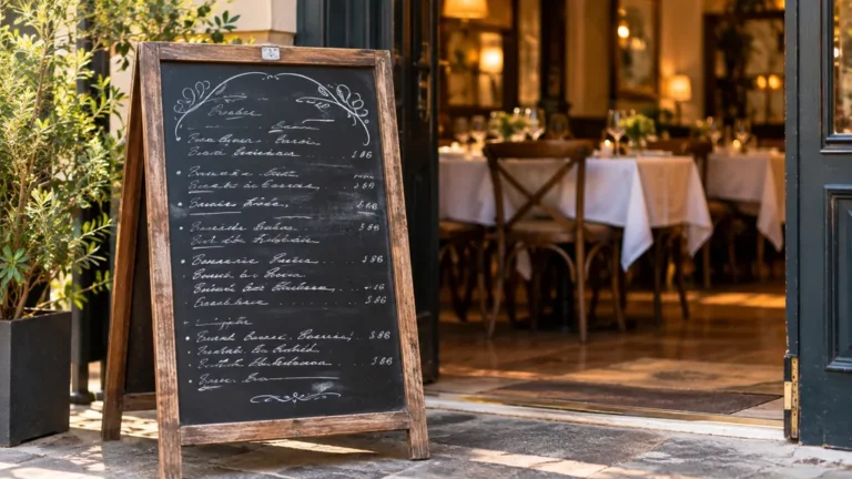 Ardoise de restaurant posée sur une table avec un plat du jour et une carafe d'eau