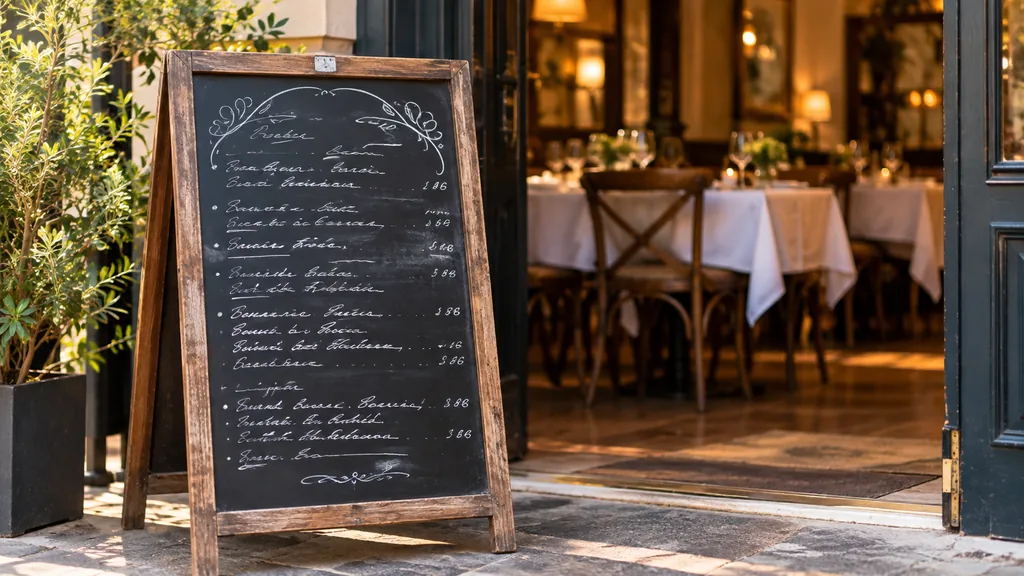 Ardoise de restaurant posée sur une table avec un plat du jour et une carafe d'eau