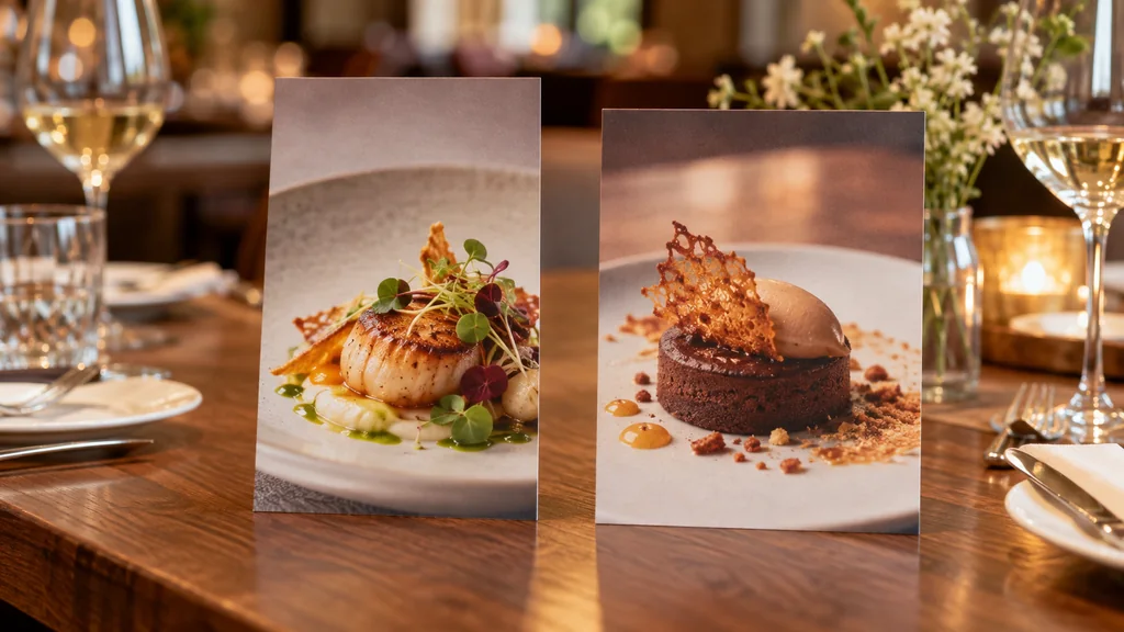 Deux cartes de restaurant ouvertes sur une table, l'une pour le menu et l'autre pour la carte