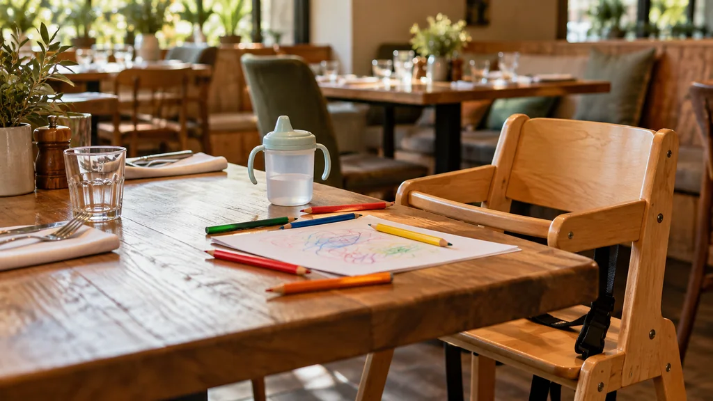 Table de restaurant dressée avec une chaise haute, un menu enfant et des crayons de couleur
