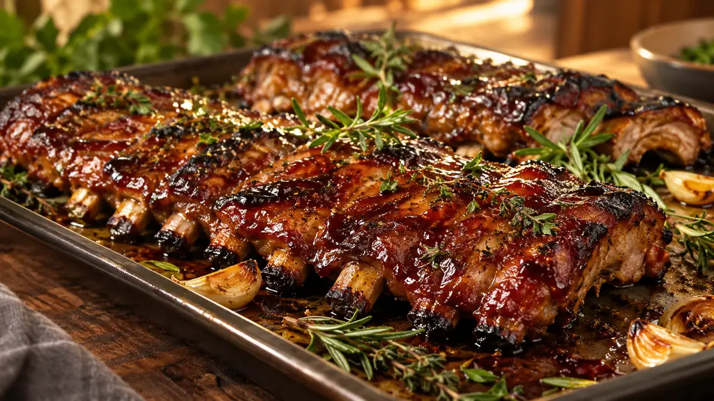 Travers de porc glacés et dorés sortis du four sur une plaque avec des herbes
